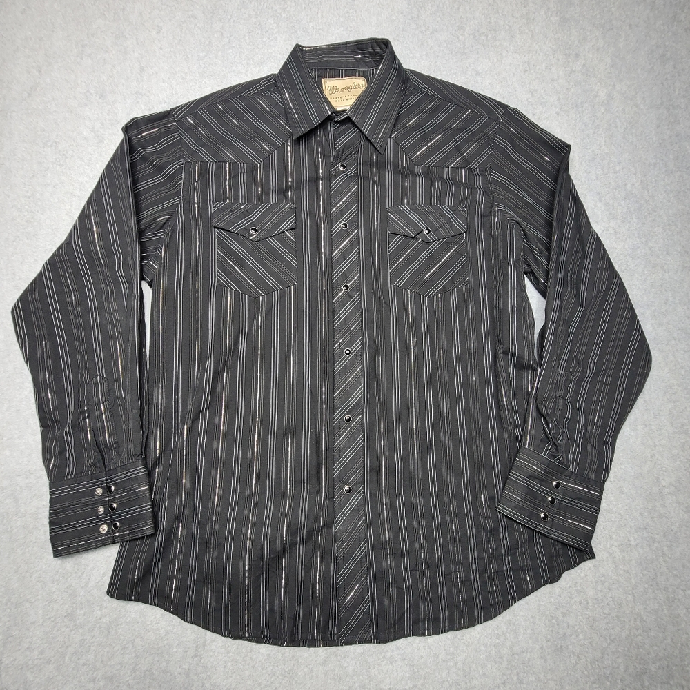 Wrangler Men's Western Pearl Snap Shirt Size Large Black Striped